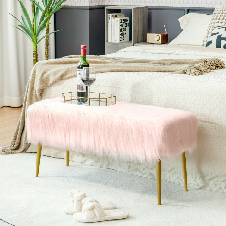 Upholstered Faux Fur Vanity Stool with Golden Legs for Makeup Room-PinkCostway Gallery View 1 of 10