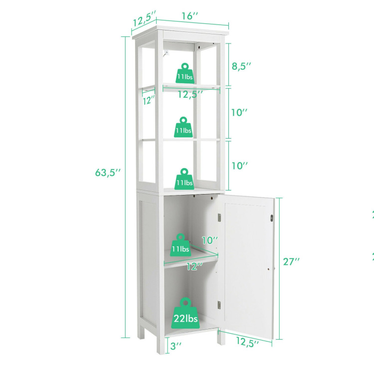 Freestanding Storage Cabinet With 3-Tier Shelf and Door for Bathroom-WhiteCostway Gallery View 4 of 10