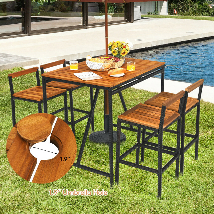 5 Pieces Outdoor Acacia Wood and PE Rattan Bar SetCostway Gallery View 7 of 11