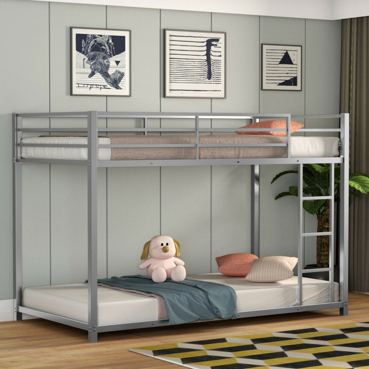 Sturdy Metal Bunk Bed Frame Twin Over Twin with Safety Guard Rails and Side Ladder-SilverCostway Gallery View 2 of 13