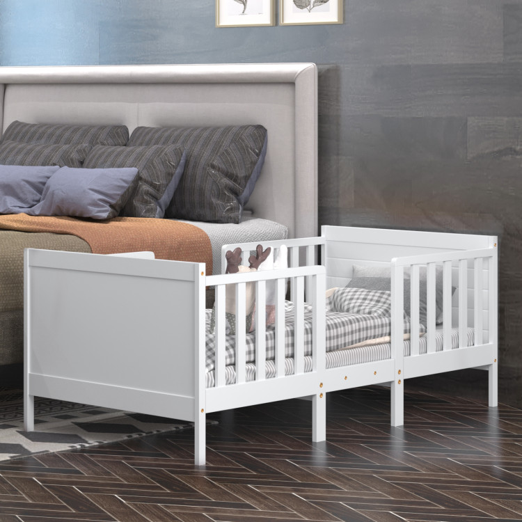 2-in-1 Convertible Kids Wooden Bedroom Furniture with Guardrails-WhiteCostway Gallery View 8 of 12