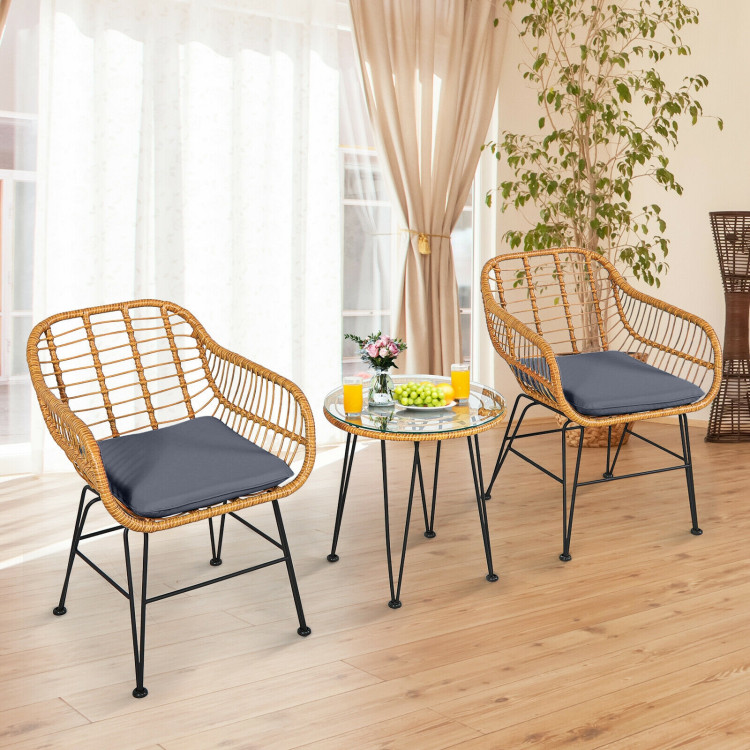 3 Pieces Rattan Furniture Set with Cushioned Chair Table-GrayCostway Gallery View 7 of 12
