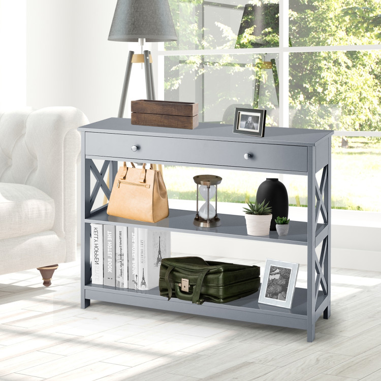 Console Table 3-Tier with Drawer and Storage Shelves-GrayCostway Gallery View 1 of 10