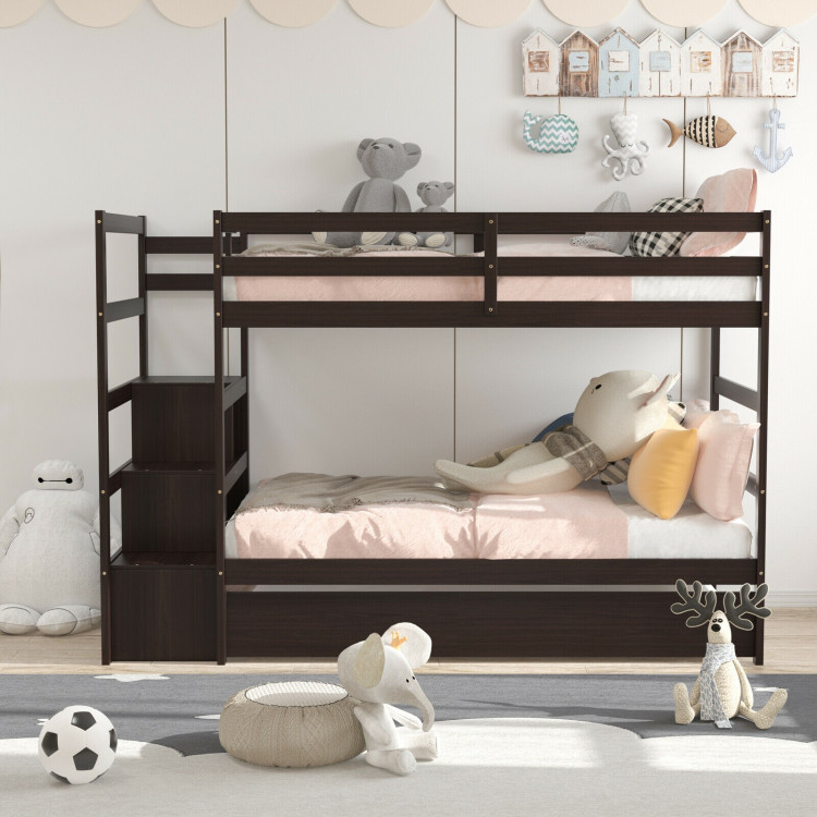 Twin Over Twin Bunk Bed with Storage Shelf and Drawer-Dark BrownCostway Gallery View 6 of 9
