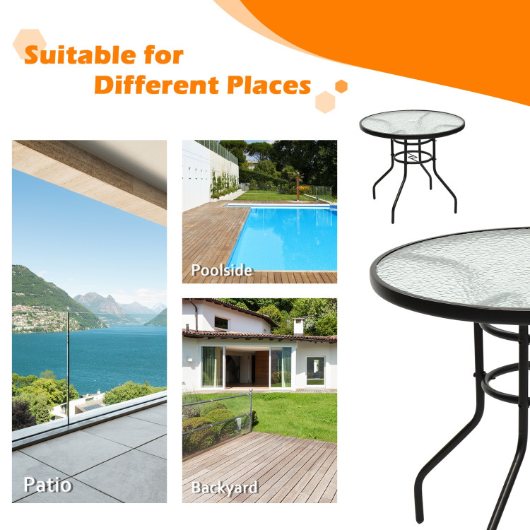 32 Inch Patio Tempered Glass Steel Frame Round Table with Convenient Umbrella HoleCostway Gallery View 3 of 9