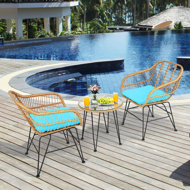 3 Pieces Rattan Furniture Set with Cushioned Chair Table-TurquoiseCostway Gallery View 6 of 11