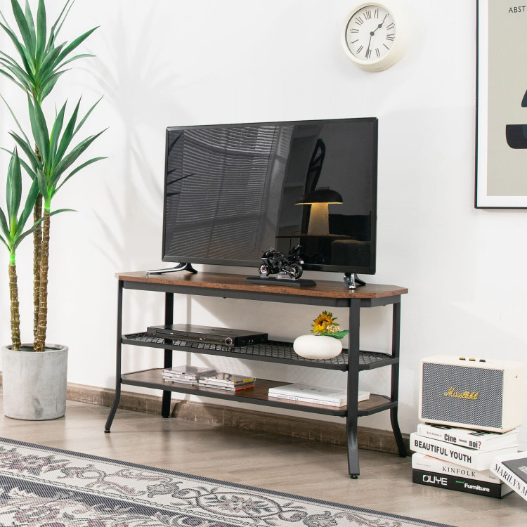 3-tier Console Table TV Stand with Mesh Storage Shelf-Rustic BrownCostway Gallery View 2 of 10