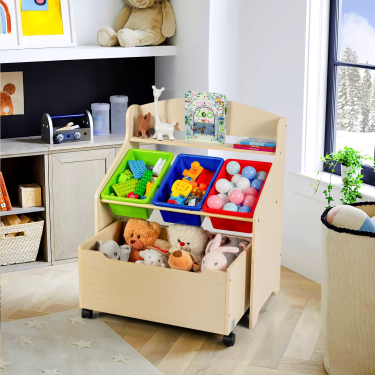 Kids Wooden Toy Storage Unit Organizer with Rolling Toy Box and Plastic Bins-NaturalCostway Gallery View 1 of 12