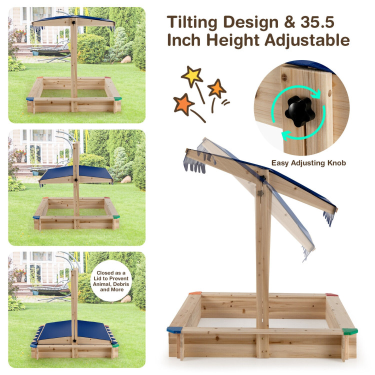 Kids Wooden Sandbox with Height Adjustable and Rotatable Canopy Outdoor PlaysetCostway Gallery View 6 of 12