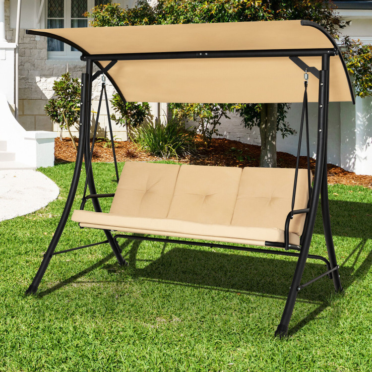 3-Seat Outdoor Porch Swing with Adjustable Canopy and Padded Cushions-BeigeCostway Gallery View 2 of 10