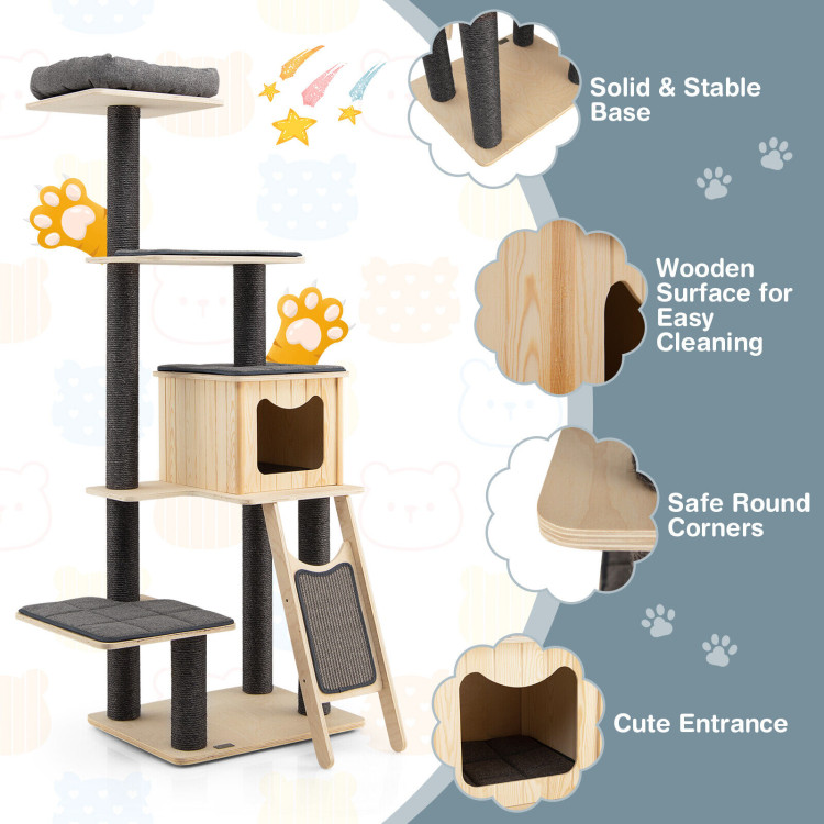 5-Tier Modern Wood Cat Tower with Washable Cushions-GrayCostway Gallery View 9 of 10