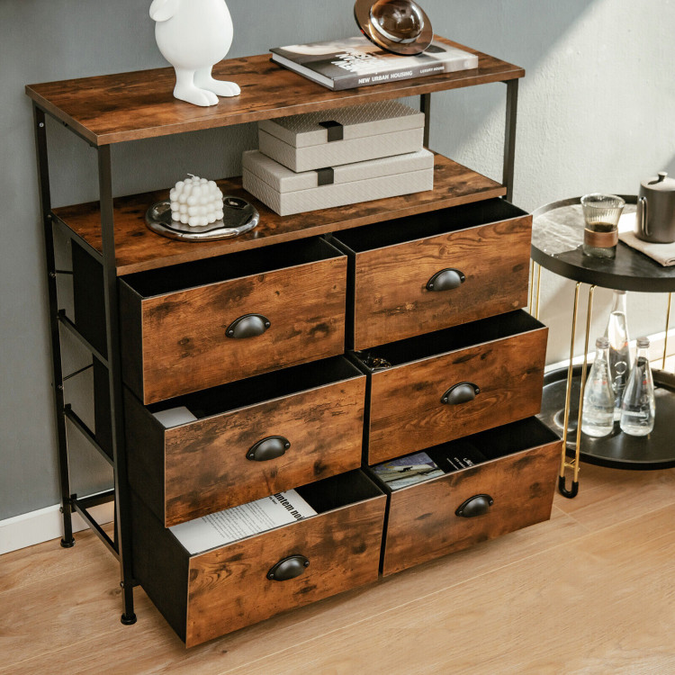 2-Tier Storage Chest with Wooden Top and 6 Fabric Drawers-Rustic BrownCostway Gallery View 1 of 11