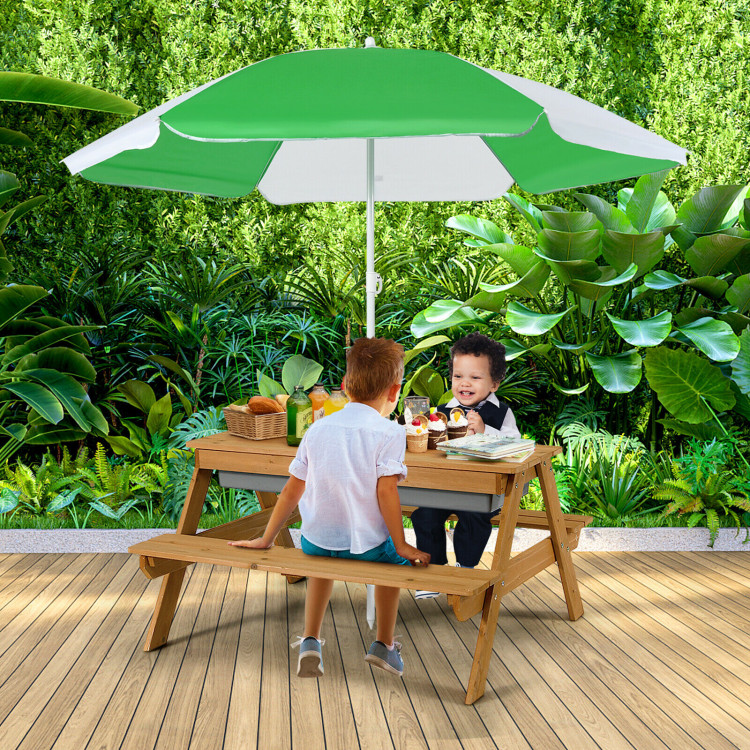 3-in-1 Kids Outdoor Picnic Water Sand Table with Umbrella Play BoxesCostway Gallery View 1 of 11