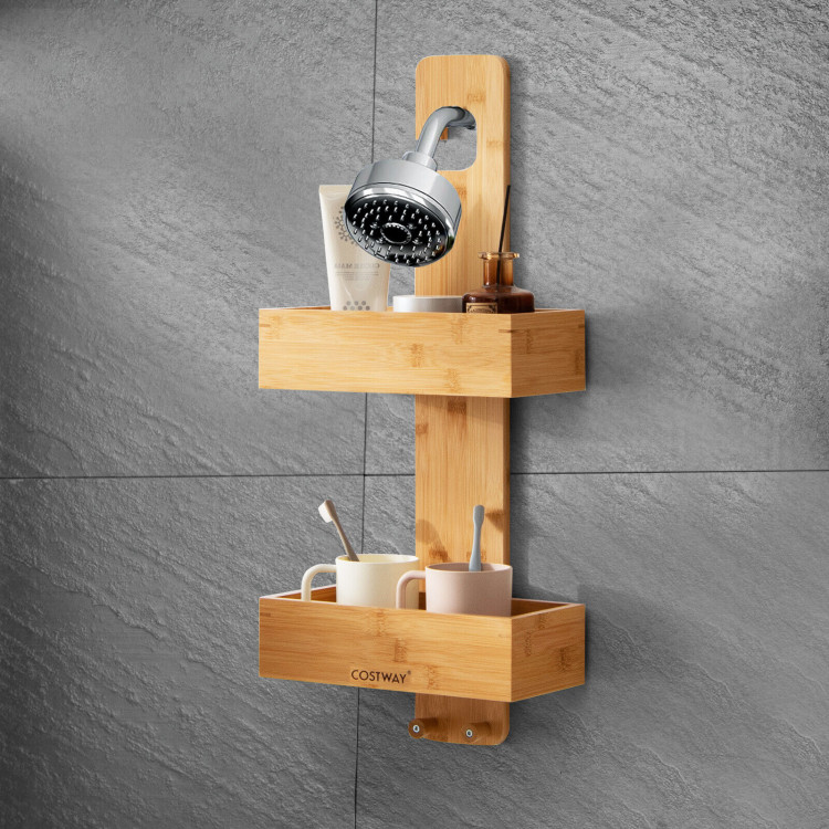 2-Tier Bamboo Hanging Shower Caddy Bathroom Shelf with 2 Hooks-NaturalCostway Gallery View 2 of 10