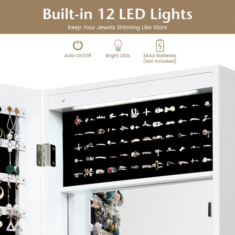 Lockable Wall Door Mounted Mirror Jewelry Cabinet w/LED Lights-WhiteCostway Gallery View 9 of 9