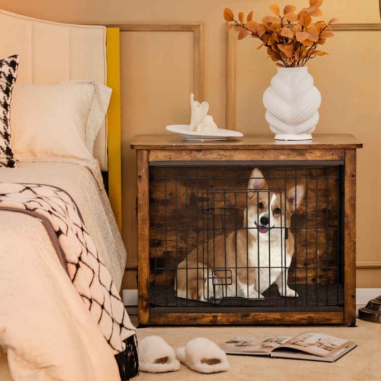 Wooden Dog Crate Furniture with Tray and Double Door-BrownCostway Gallery View 7 of 11