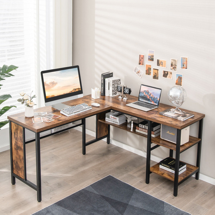 Industrial L-Shaped Corner Computer Desk Office Workstation with Storage Shelves-Rustic BrownCostway Gallery View 7 of 11
