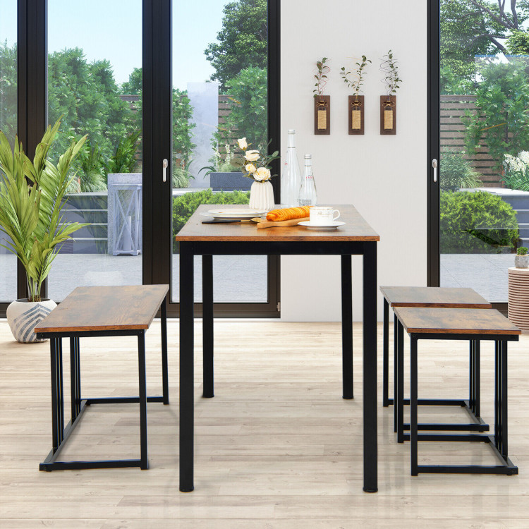 4 Pieces Industrial Dining Table Set with Bench and 2 Stools-BrownCostway Gallery View 6 of 10