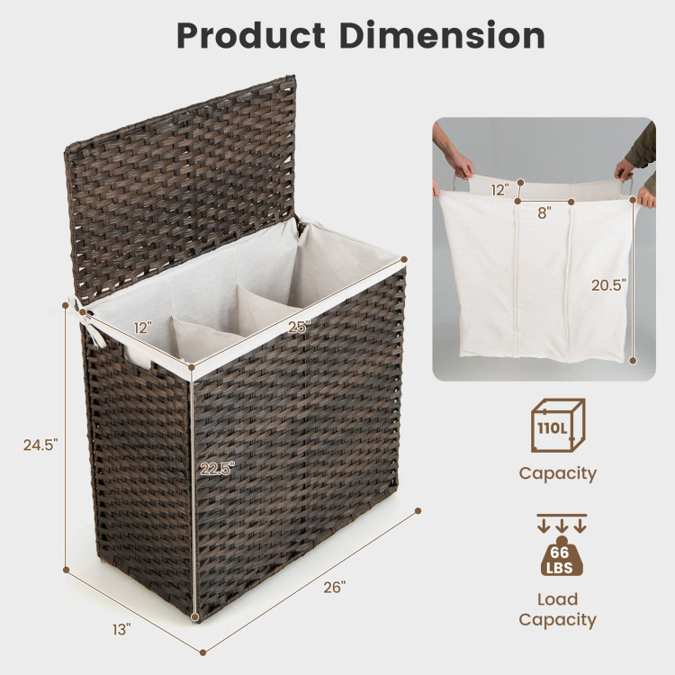 10L 3-Section Laundry Hamper with Liner Bag and Handle-BrownCostway Gallery View 4 of 10