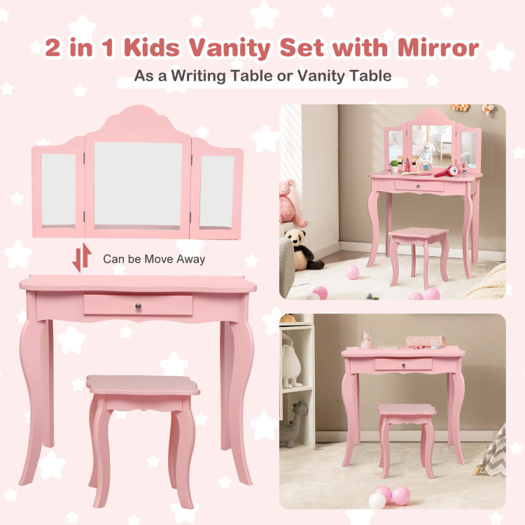 Kids Makeup Dressing Mirror Vanity Table Stool Set-PinkCostway Gallery View 5 of 10