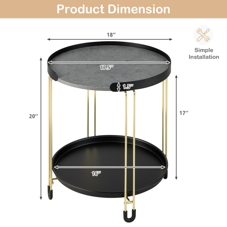2-Tier Round Side Table with Removable Tray and Metal Frame for Small Space-GoldenCostway Gallery View 4 of 10