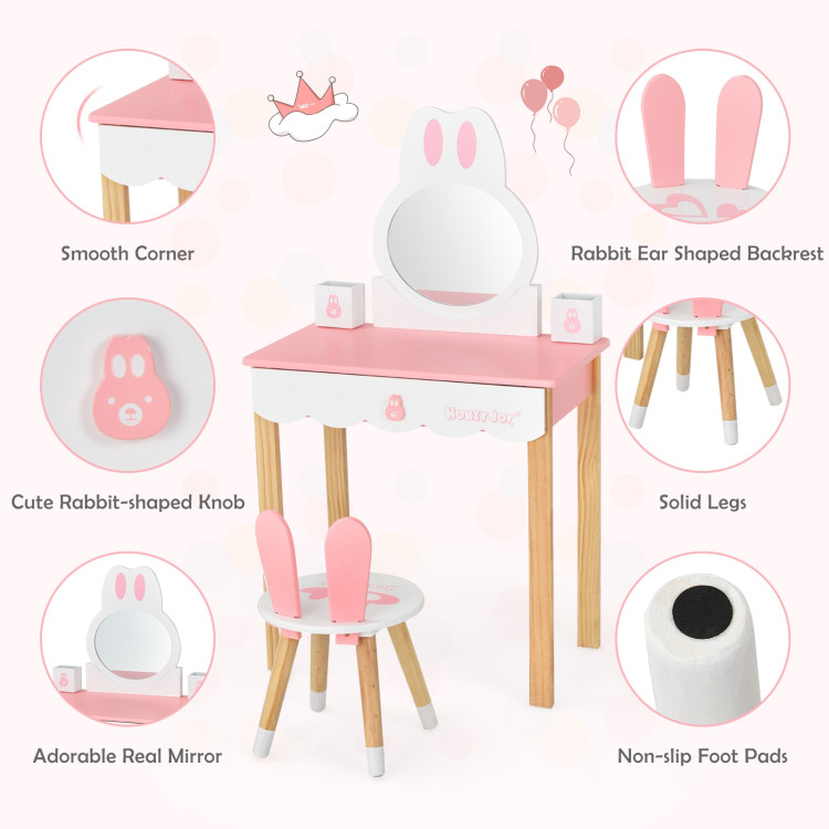 Kids Vanity Set Rabbit Makeup Dressing Table Chair Set with Mirror and Drawer-PinkCostway Gallery View 10 of 12