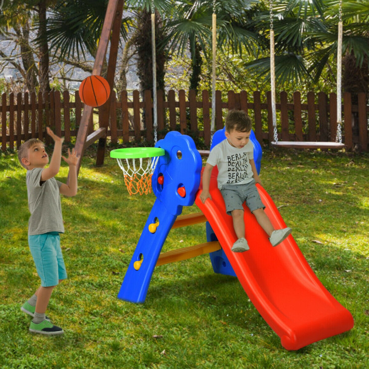 2 Step Indoors Kids Plastic Folding Slide with Basketball HoopCostway Gallery View 8 of 12