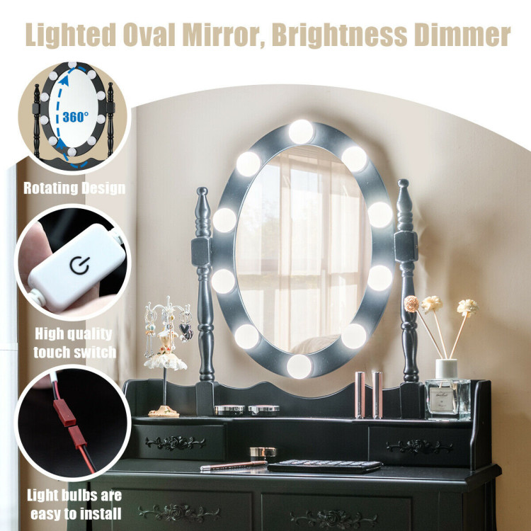 Makeup Dressing Table with Touch Switch Lighted Mirror and Cushioned Stool-BlackCostway Gallery View 9 of 12
