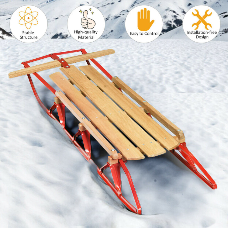 54 Inch Kids Wooden Snow Sled with Metal Runners and Steering BarCostway Gallery View 8 of 12