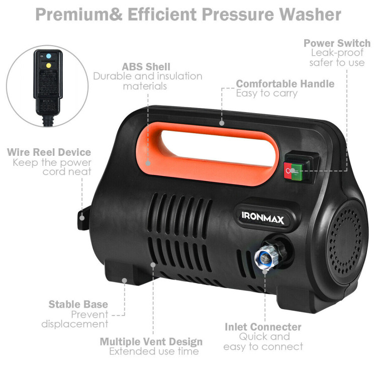 1800 PSI Portable Electric High Pressure Washer 1.96 GPM 1800 W-OrangeCostway Gallery View 10 of 11