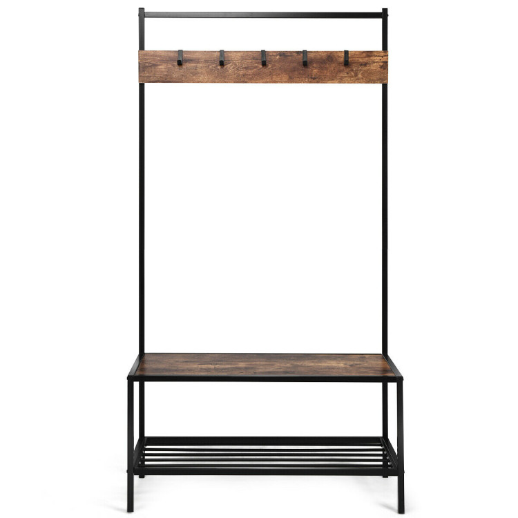 3-in-1 Industrial Coat Rack with 2-tier Storage Bench and 5 Hooks-BrownCostway Gallery View 7 of 10