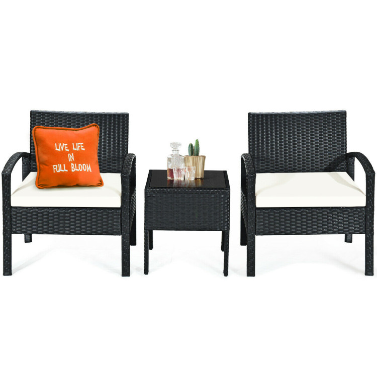 3 Pieces Outdoor Rattan Patio Conversation Set with Seat Cushions-WhiteCostway Gallery View 8 of 12