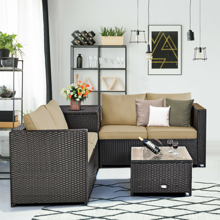4 Pcs Outdoor Patio Rattan Furniture Set with Cushioned Loveseat and Storage Box-BrownCostway Gallery View 7 of 12