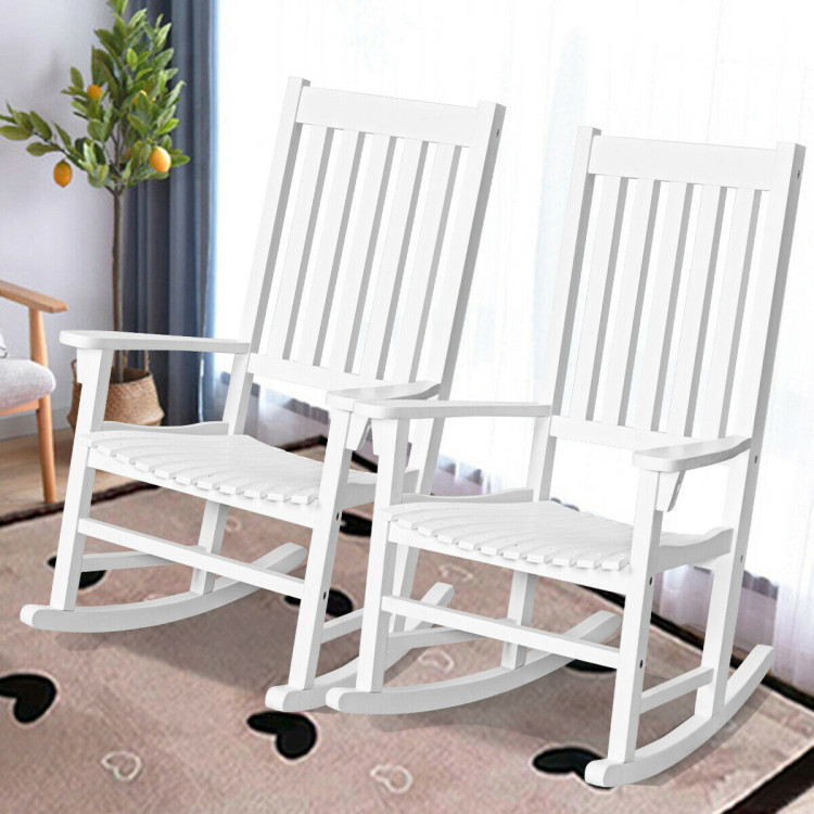 Indoor Outdoor Wooden High Back Rocking Chair-WhiteCostway Gallery View 2 of 12