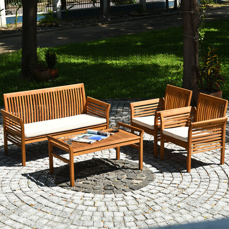4 Pieces Outdoor Acacia Wood Sofa Furniture SetCostway Gallery View 7 of 11