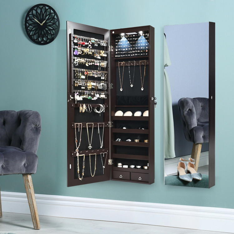 Wall and Door Mounted Mirrored Jewelry Cabinet with Lights-BrownCostway Gallery View 7 of 13