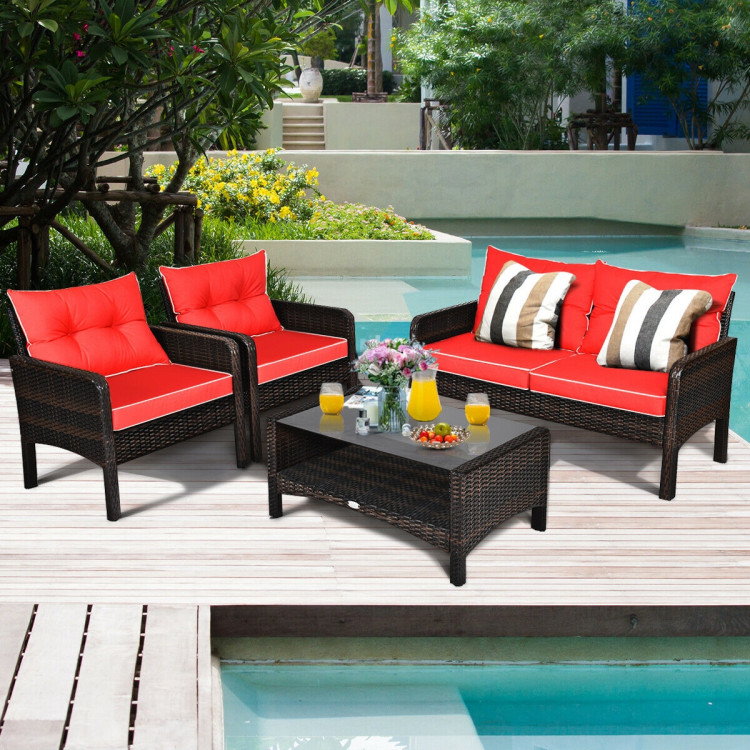 4 Pieces Outdoor Rattan Wicker Loveseat Furniture Set with Cushions-RedCostway Gallery View 1 of 9