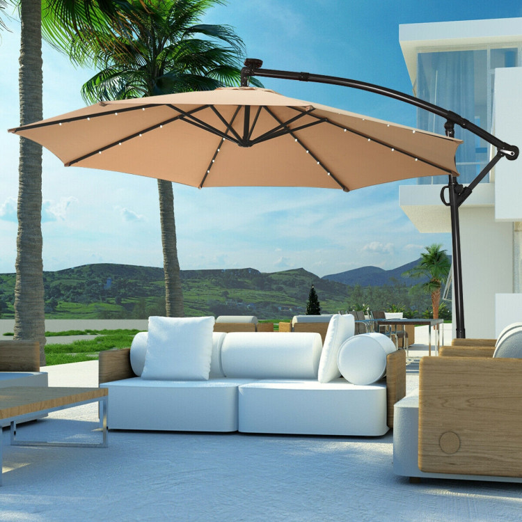 10 ft 360° Rotation Solar Powered LED Patio Offset Umbrella without Weight Base-BeigeCostway Gallery View 8 of 12