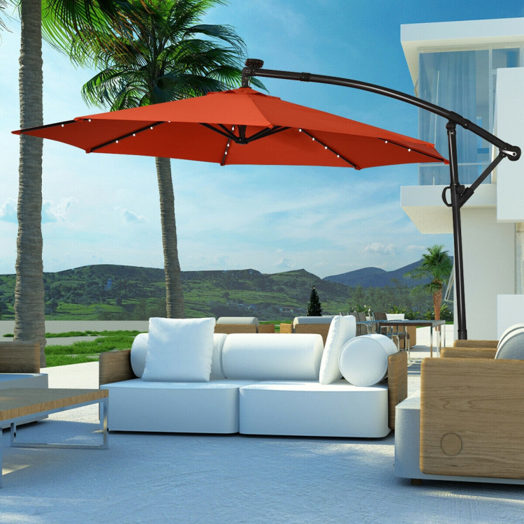 10 ft 360° Rotation Solar Powered LED Patio Offset Umbrella without Weight Base-OrangeCostway Gallery View 8 of 12