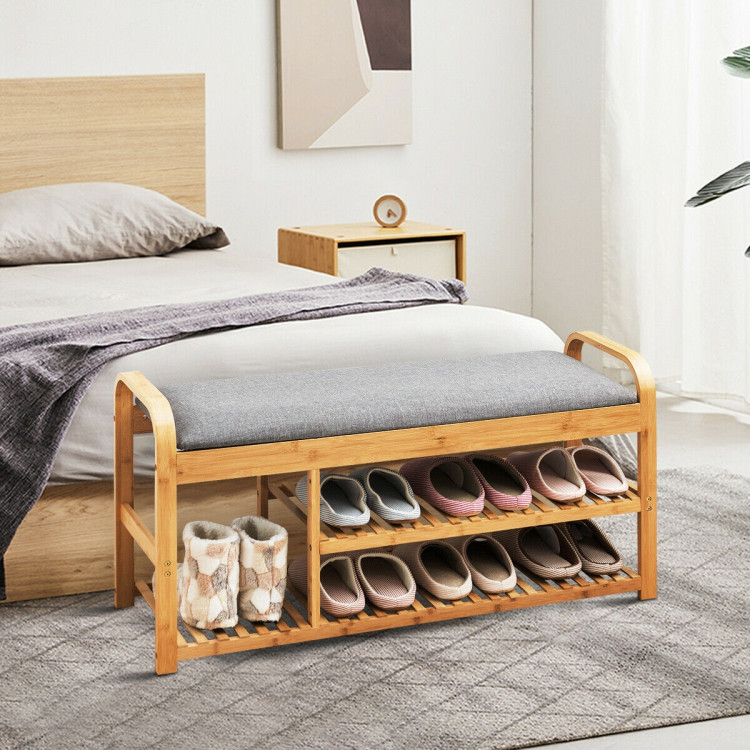 3-Tier Bamboo Shoe Rack Bench with Cushion-NaturalCostway Gallery View 2 of 12