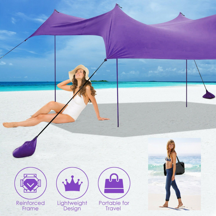 10 Foot Ride 9 Foot Family Beach Tent Canopy Sunshade with 4 Poles-PurpleCostway Gallery View 3 of 10