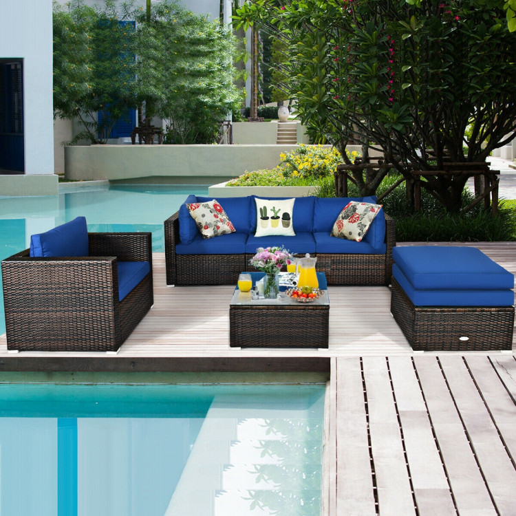 6 Pcs Patio Rattan Furniture Set with Sectional Cushion-BlueCostway Gallery View 1 of 15