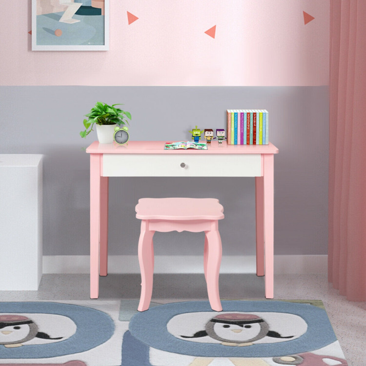 Kids Princess Make Up Dressing Table with Tri-folding Mirror and Chair-PinkCostway Gallery View 7 of 12