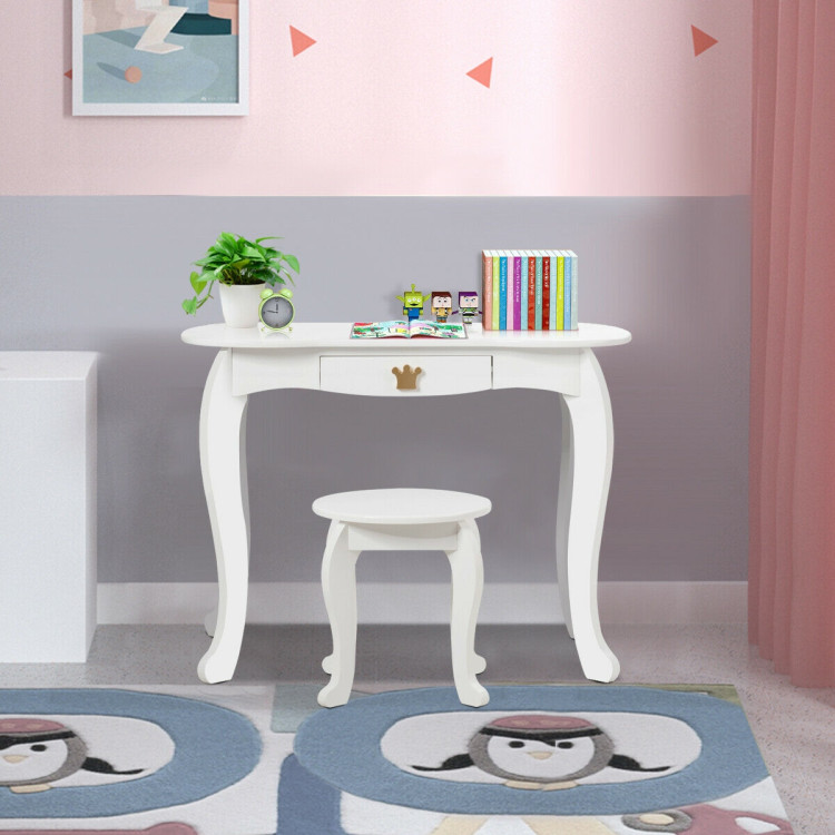 Kids Makeup Dressing Table with Tri-folding Mirror and Stool-WhiteCostway Gallery View 6 of 12
