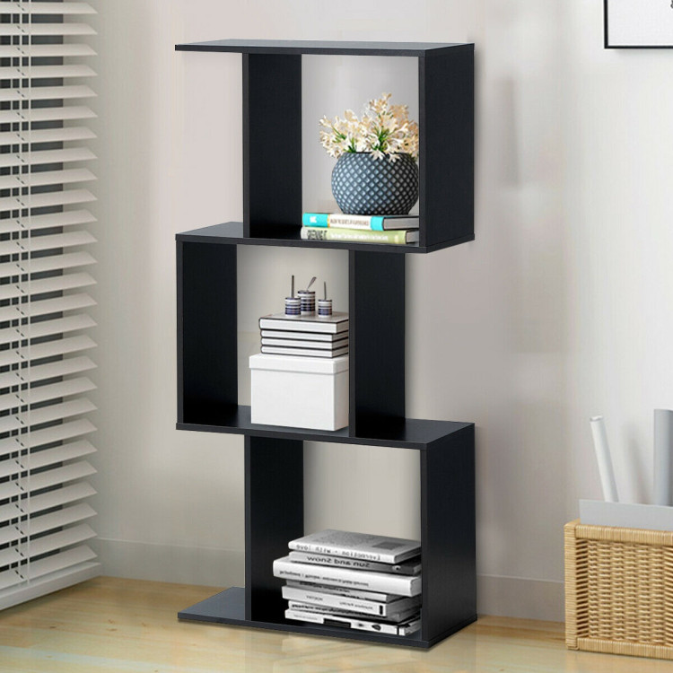 2/3/4 Tiers Wooden S-Shaped Bookcase for Living Room Bedroom Office-3-Tier - Gallery View 3 of 12