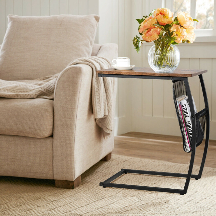 C-shaped Vintage End Table with Side Pocket and Metal FrameCostway Gallery View 7 of 10