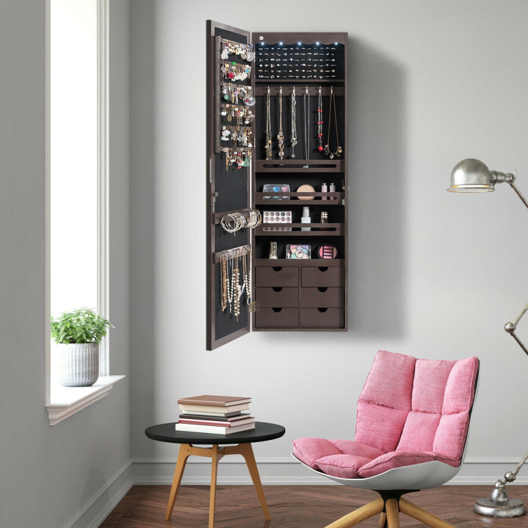 5 LEDs Lockable Mirror Jewelry Cabinet Armoire with 6 Drawers-BrownCostway Gallery View 7 of 12