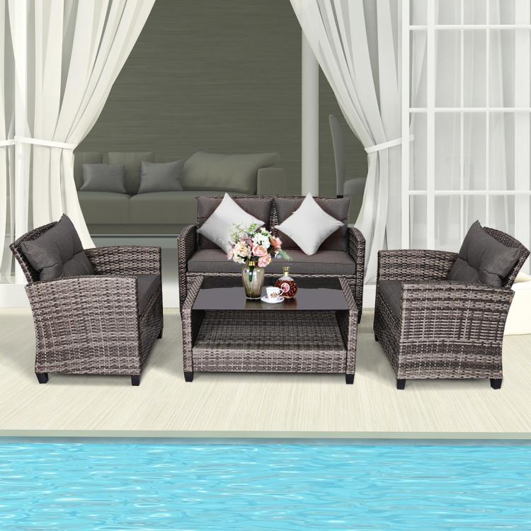 4 Pieces Patio Rattan Furniture Set Coffee Table Cushioned SofaCostway Gallery View 2 of 12
