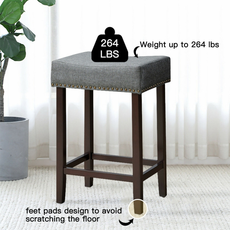 2 Pieces Nailhead Saddle Bar Stools with Fabric Seat and Wood Legs-GrayCostway Gallery View 10 of 12