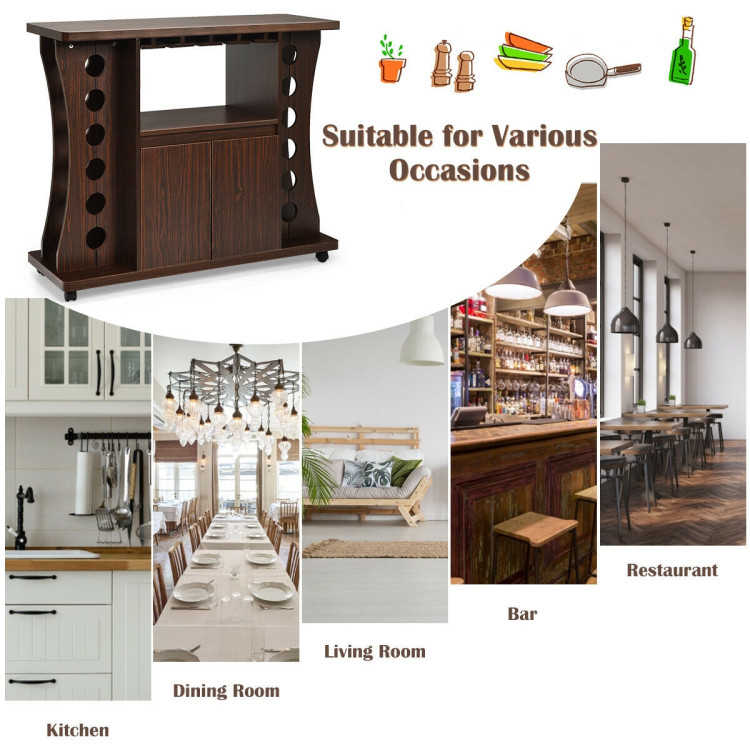 Rolling Buffet Sideboard Wooden Bar Storage Cabinet-WalnutCostway Gallery View 11 of 12